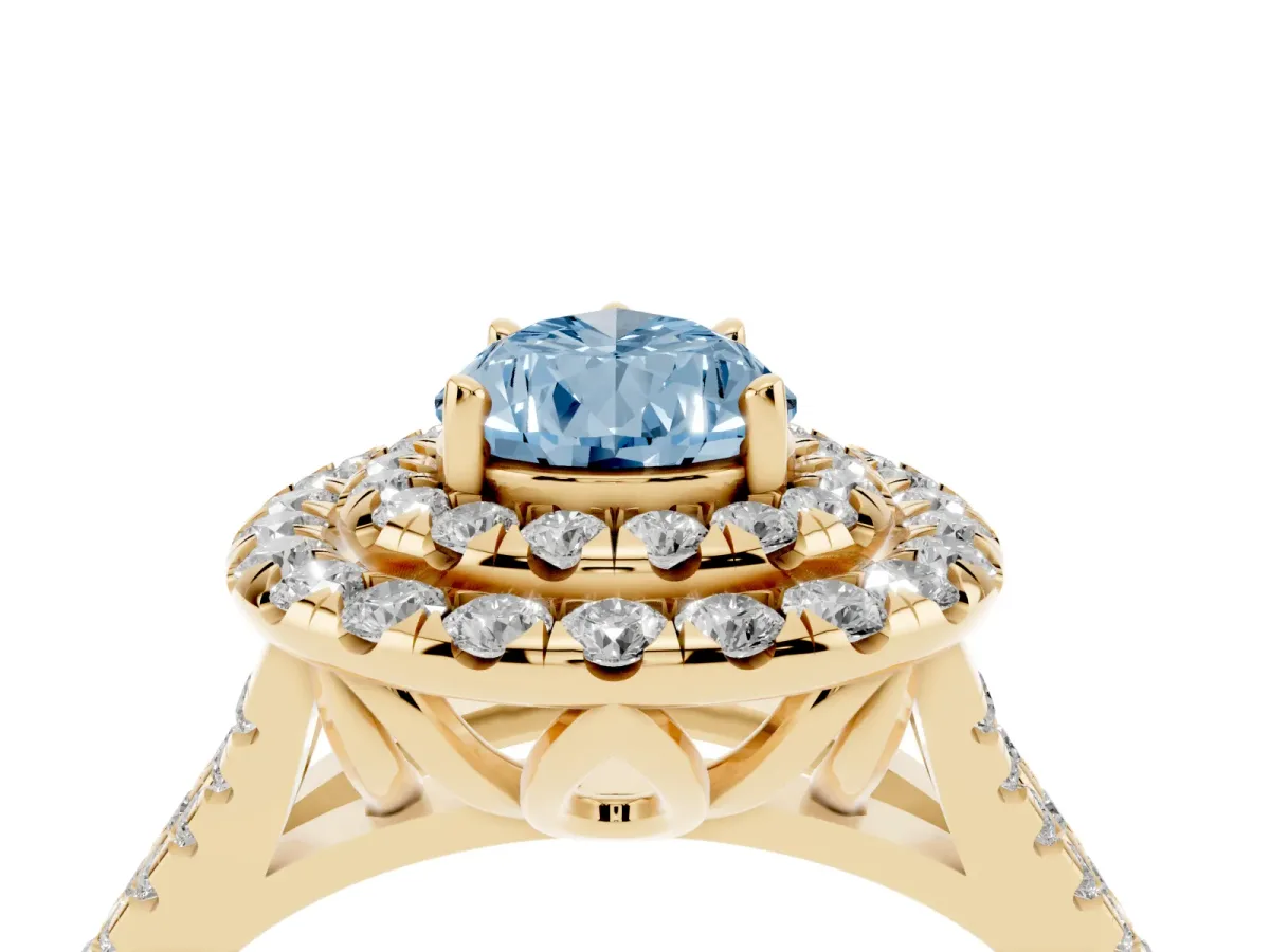 Fancy Blue Double Halo Pear Cut Diamond Pavé Split Shank Ring with Prong Setting Yellow gold