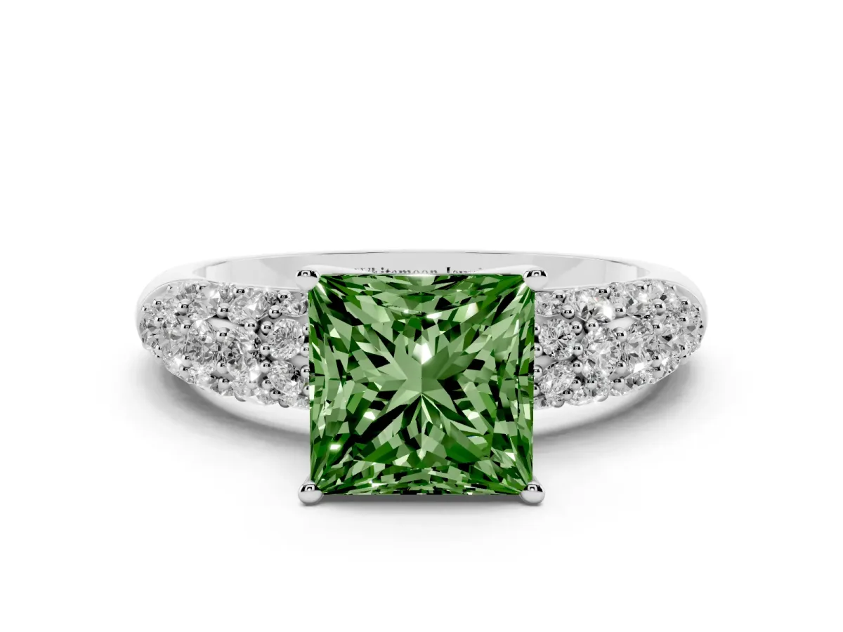 Fancy Green Princess Cut Diamond Pavé Band Solitaire Ring with Four-Prong Setting Silver