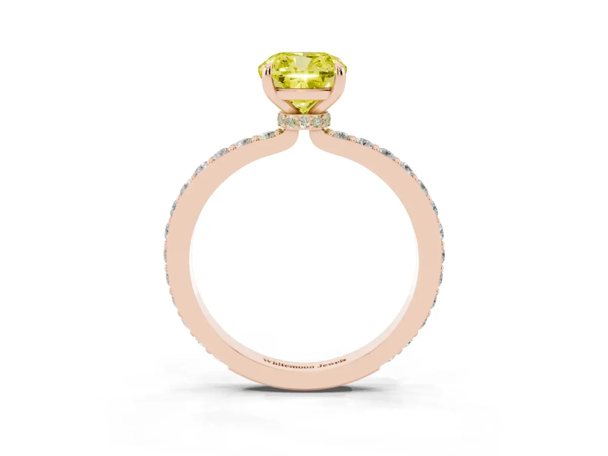 Fancy Yellow Cushion Cut Diamond Pavé Engagement Ring with Round Accents and Prong Setting Rose gold