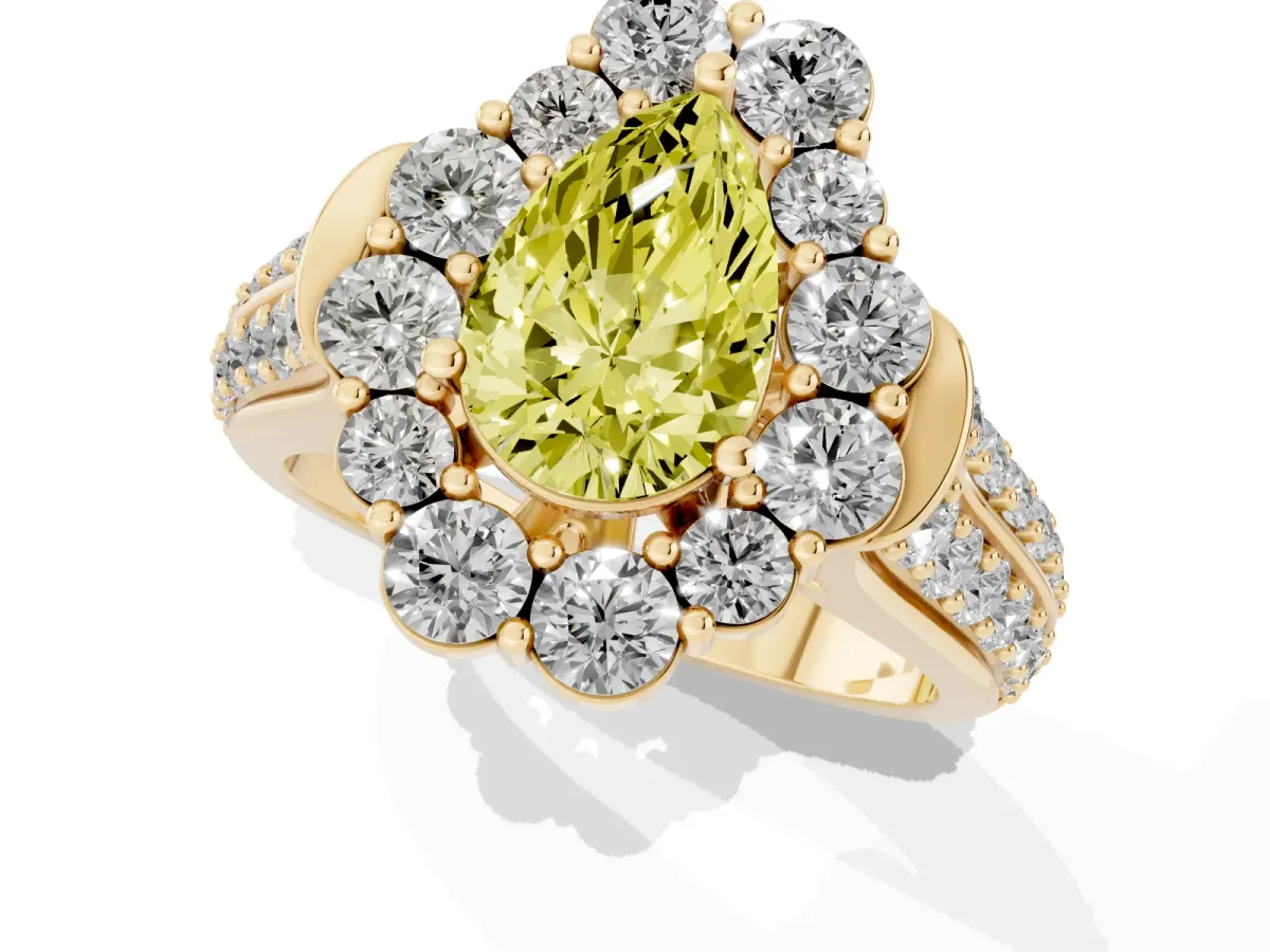 Fancy Yellow Pear Cut Halo Diamond Engagement Ring with Split Shank and Prong Setting Yellow gold