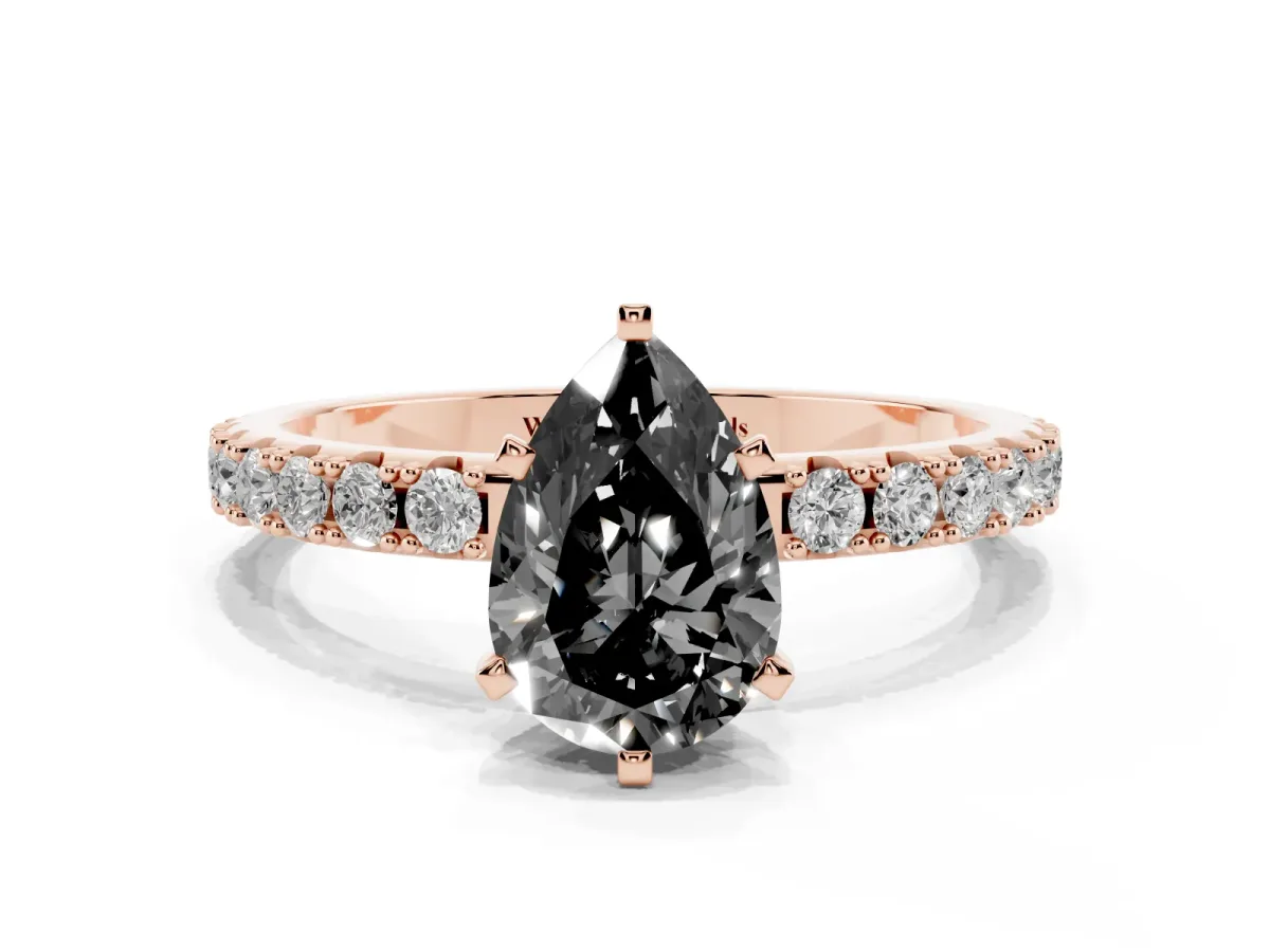 Fancy Black Pear Cut Diamond Solitaire Pavé Band with Four-Prong Setting Rose gold