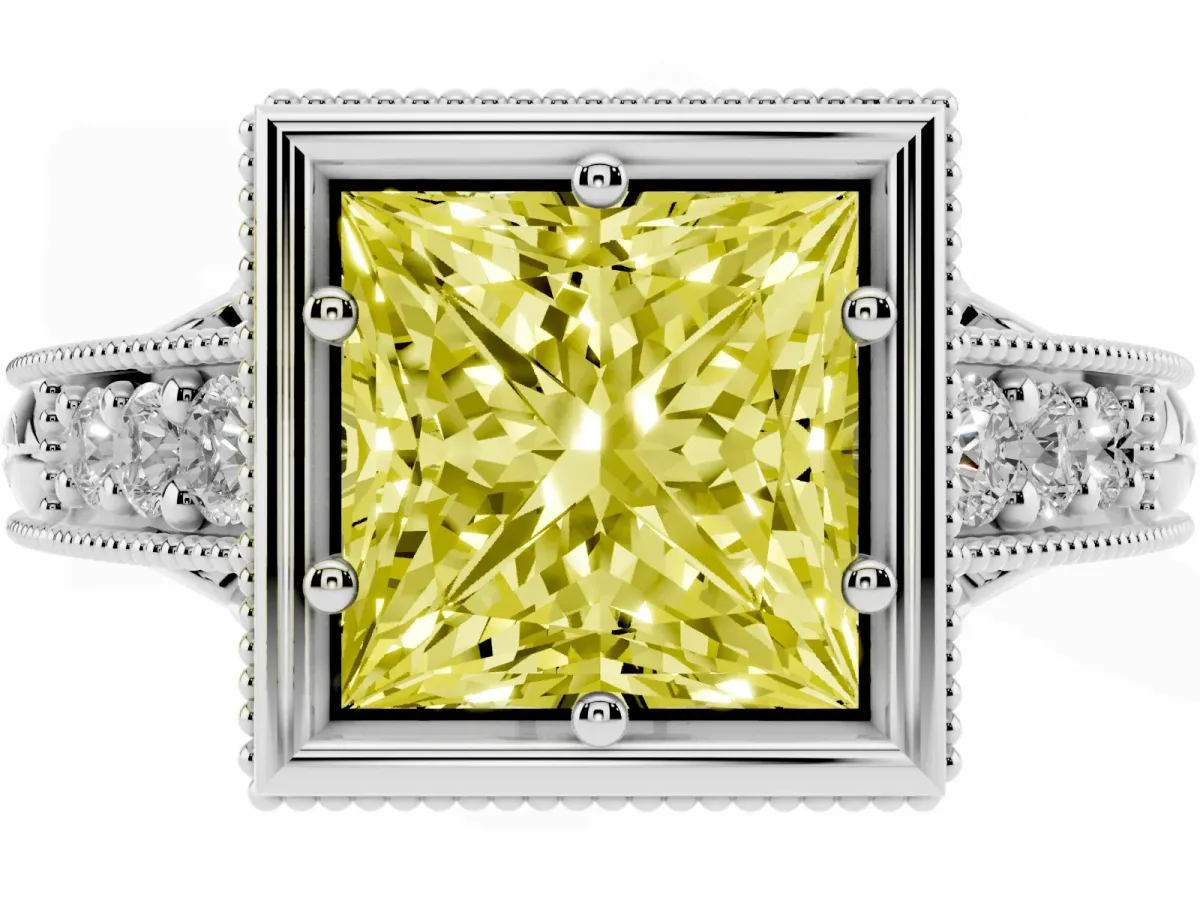 Fancy Yellow Bezel Set Princess Cut Diamond Milgrain Pave Engagement Ring Silver