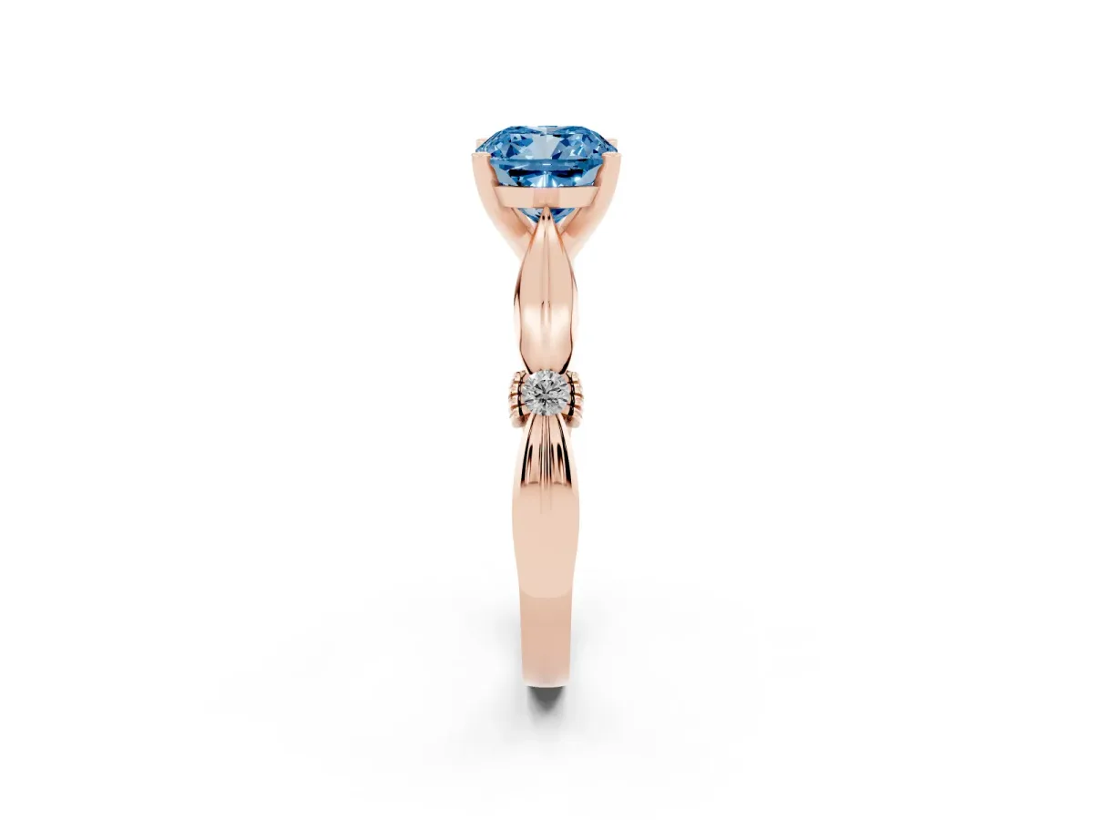 Fancy Blue Cushion Cut Solitaire Diamond Twisted Band with Four-Prong Setting Rose gold