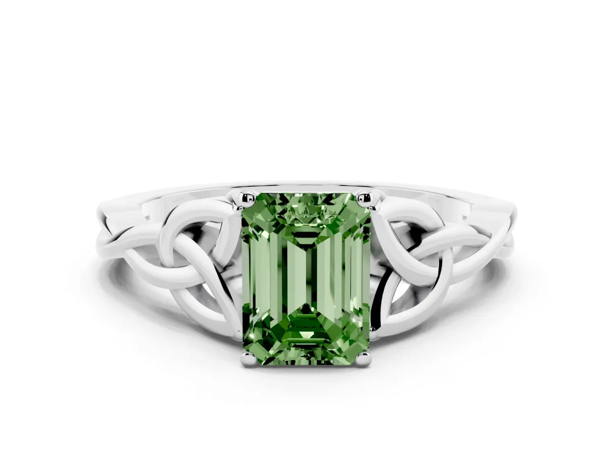 Fancy Green Emerald Cut Diamond Solitaire Engagement Ring with Celtic Knot Band and Four-Prong Setting White gold
