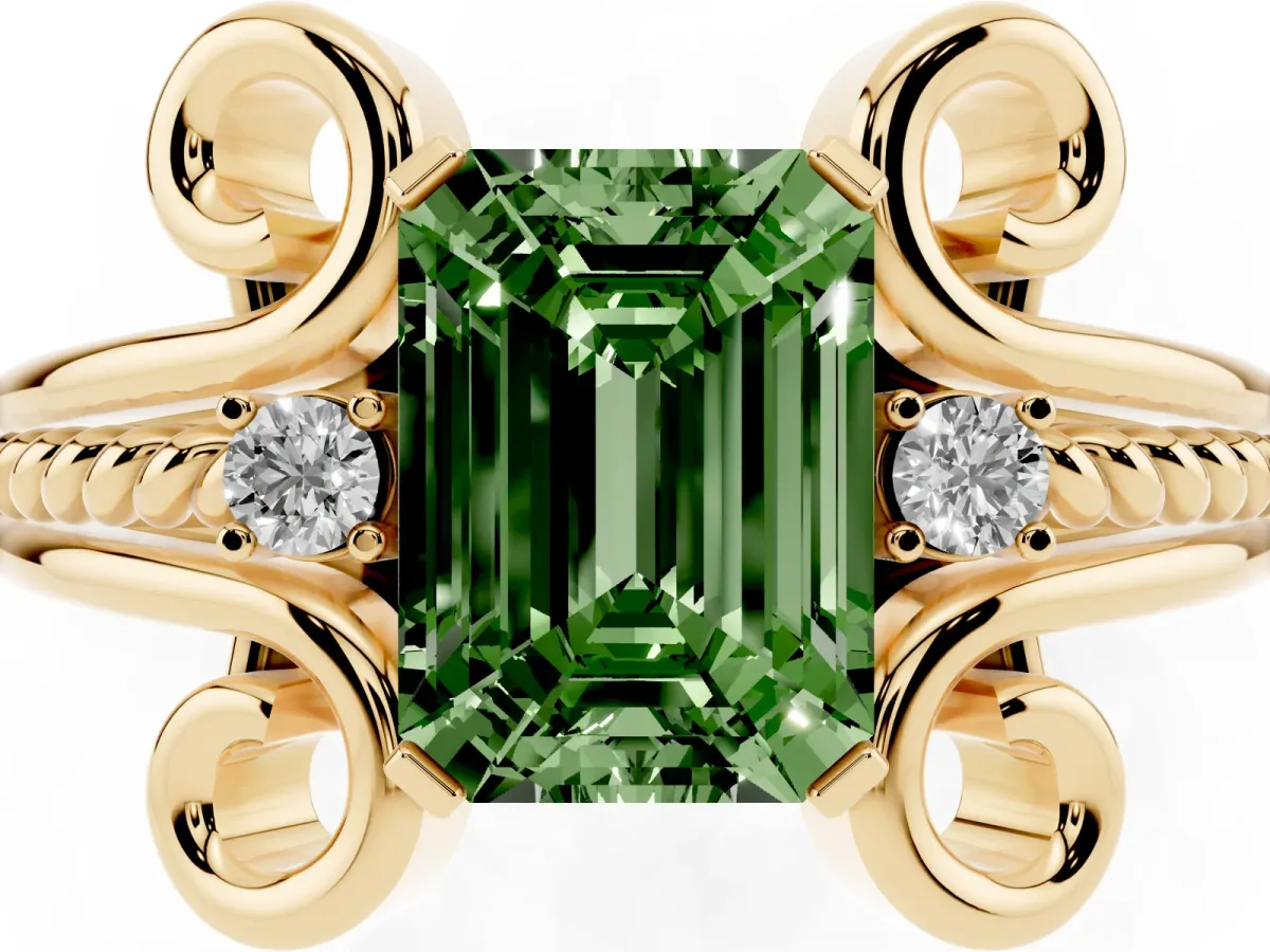 Fancy Green Emerald Cut Solitaire Twisted Band Scroll Prong Ring Yellow gold