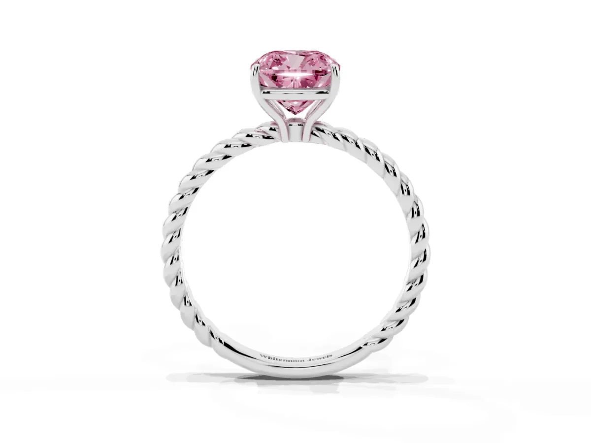 Fancy Pink Cushion Cut Solitaire Twist Band Ring with Four-Prong Setting Platinum