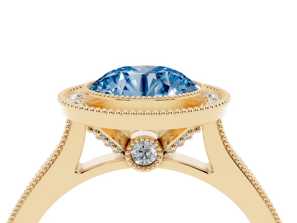 Fancy Blue Halo Round Cut-Cut Diamond Pave Band Milgrain Prong Setting Ring Yellow gold