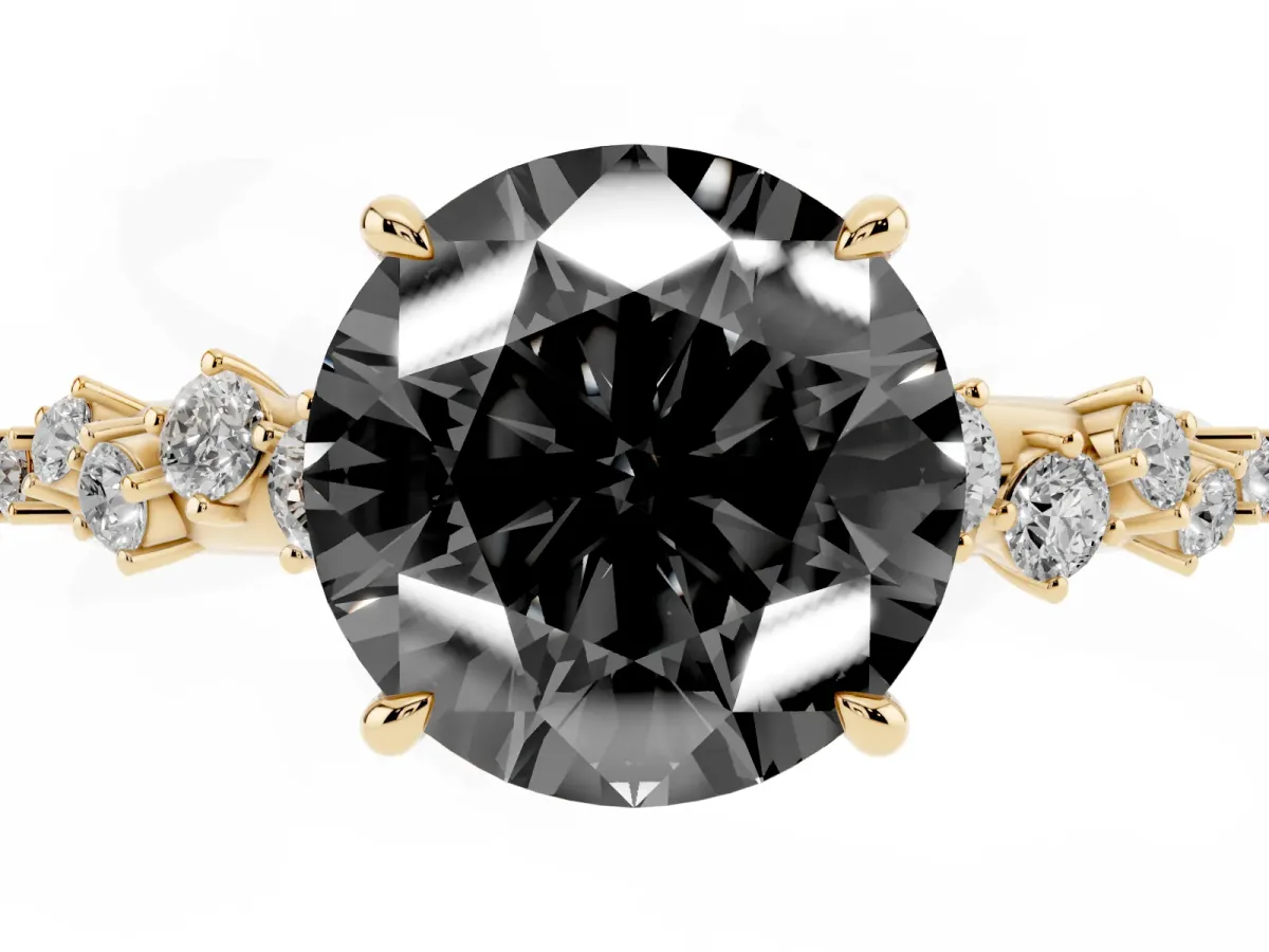 Fancy Black Round Cut Diamond Cluster Side Stone Solitaire Ring with Prong Setting Yellow gold