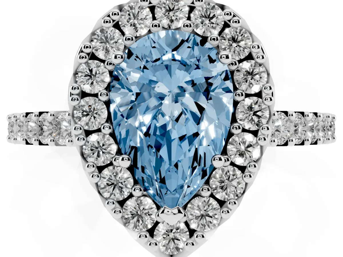 Fancy Blue Pear Cut Halo Diamond Pavé Solitaire Ring Platinum