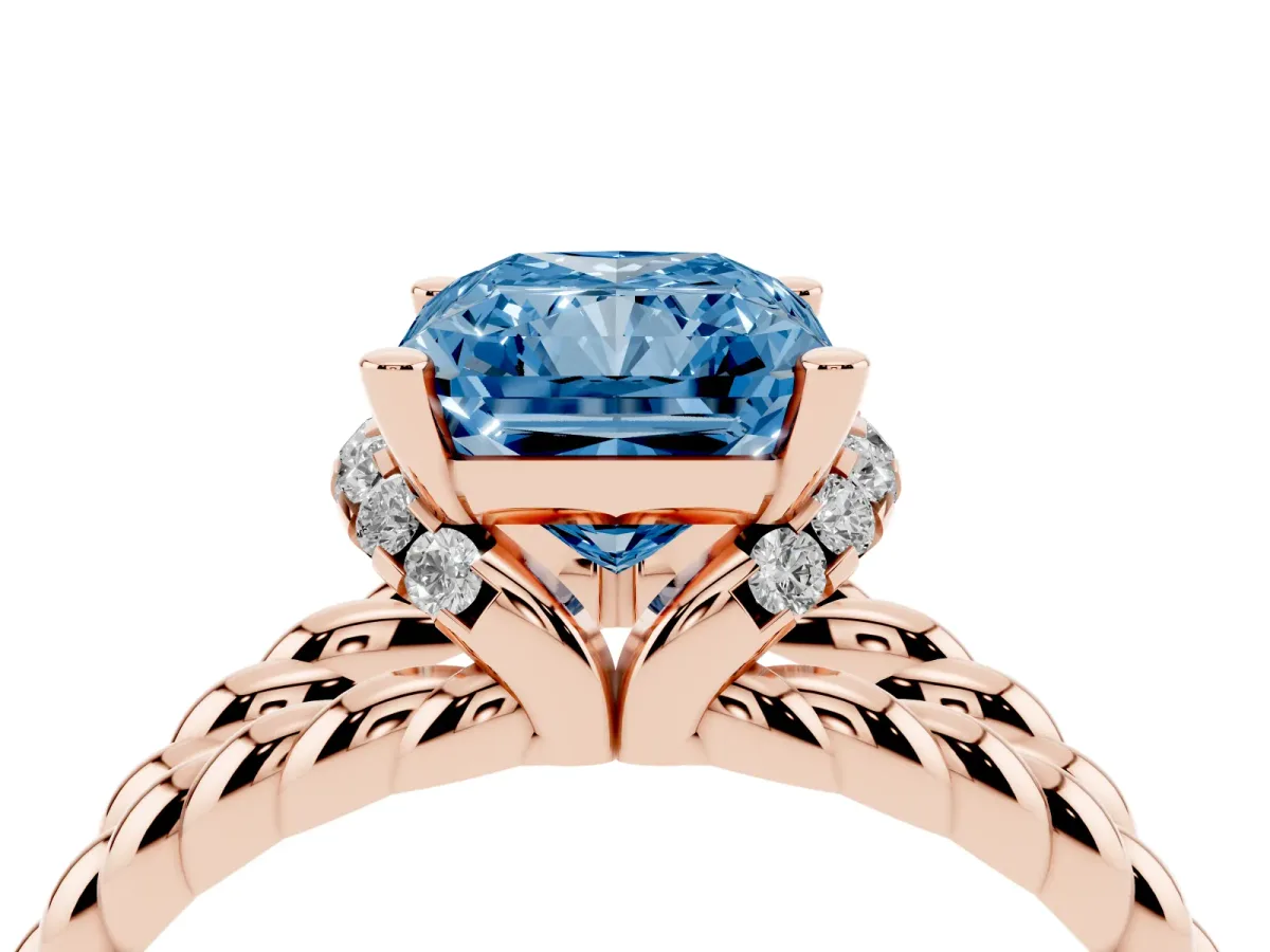 Fancy Blue Radiant Cut Halo Twisted Band Four-Prong Ring Rose gold