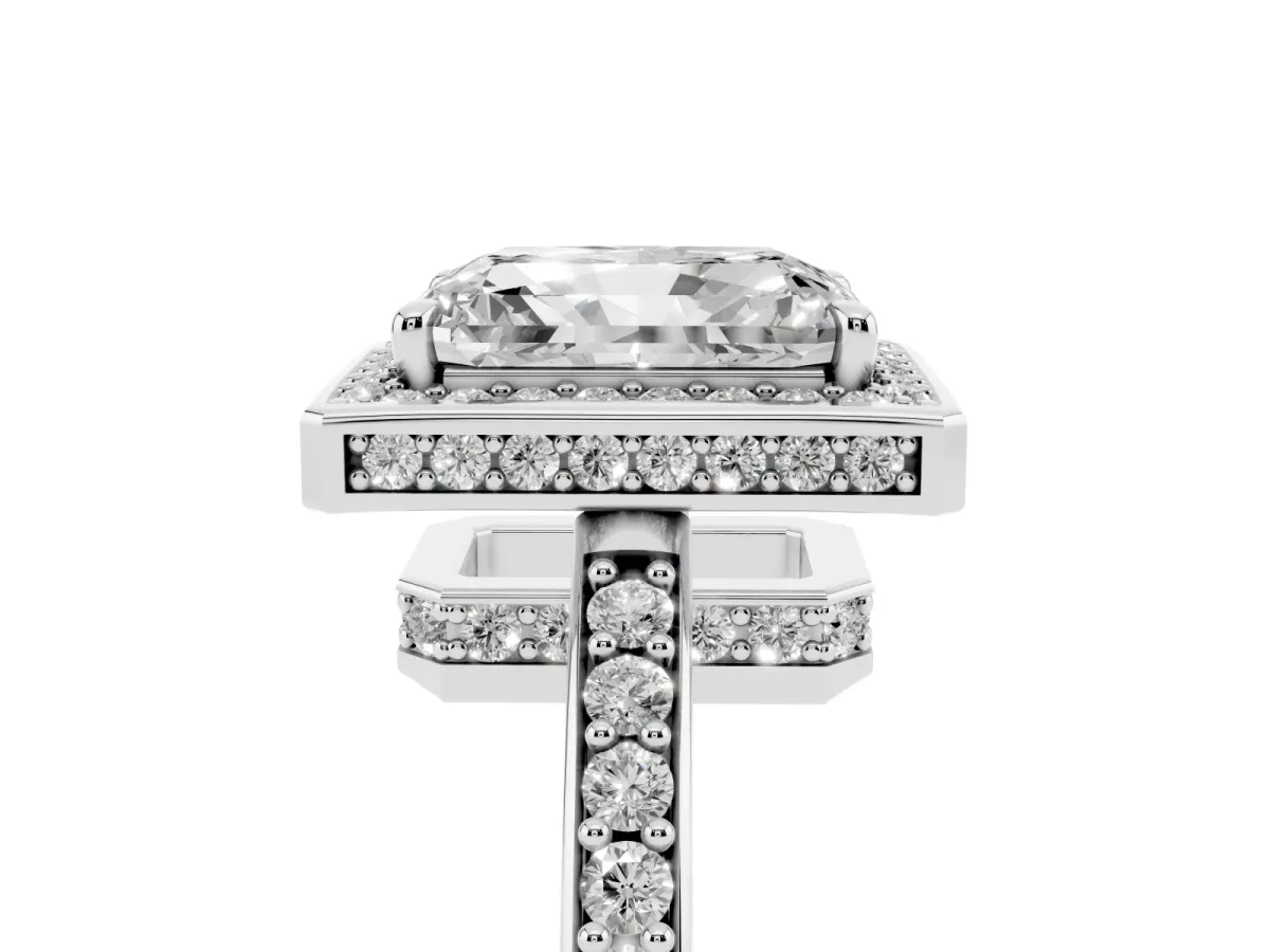Radiant Cut Halo Pave Band Solitaire Ring with Prong Setting Silver