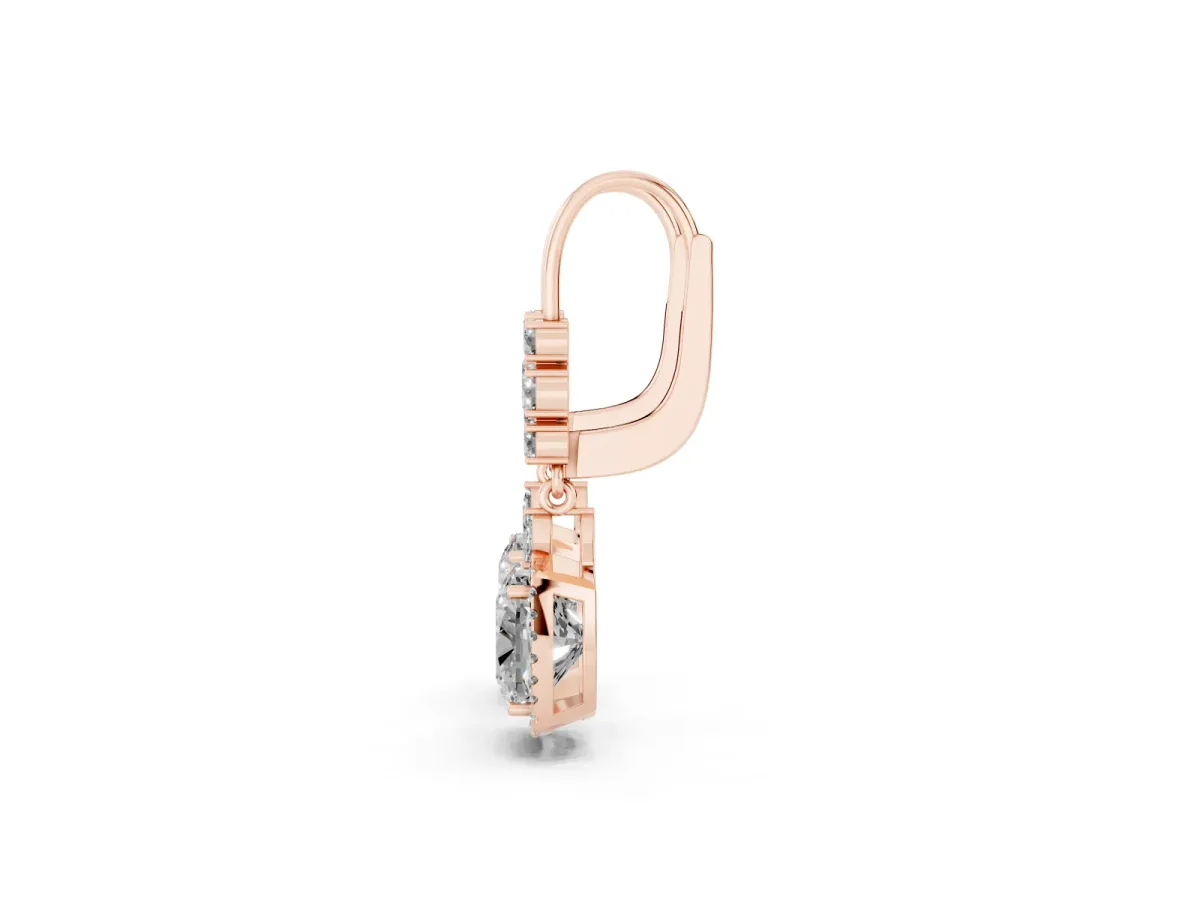 Cushion Diamond Drop Earrings with Trillion Diamond Accents and Round Diamond Halo Rose gold