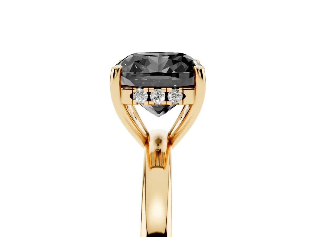 Fancy Black Cushion Cut Solitaire Diamond Ring with Prong Setting and Plain Band Yellow gold