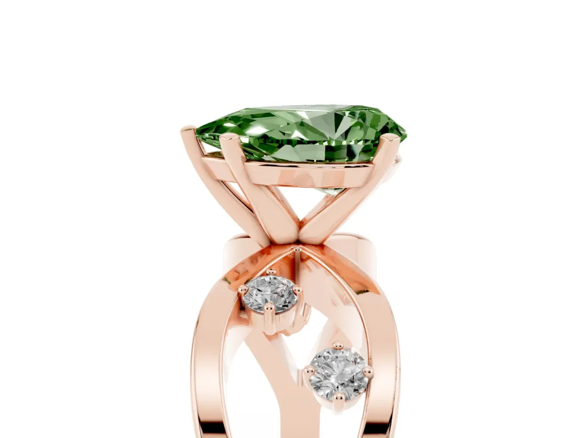 Fancy Green Pear Cut Cut Solitaire Diamond with Side Stones on Criss-Cross Band and Four-Prong Setting Rose gold