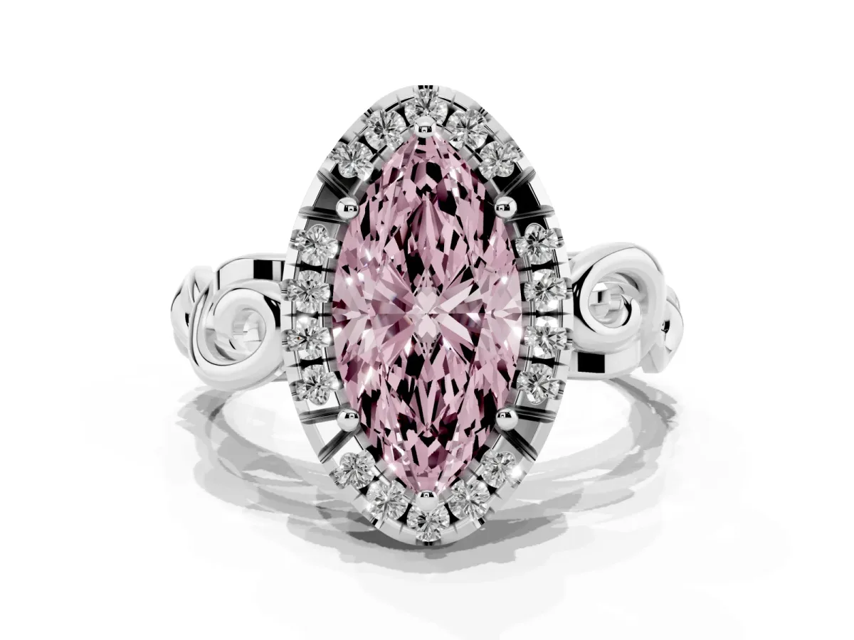 Fancy Pink Marquise Cut Cut Halo Diamond Ring with Scrollwork Band and Four-Prong Setting Silver