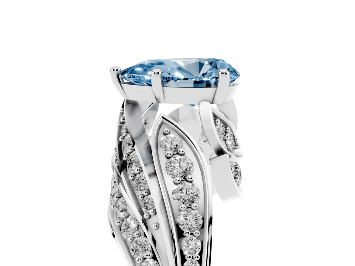 Fancy Blue Pear Cut Diamond Solitaire Ring with Prong Setting and Twisted Pavé Band Silver