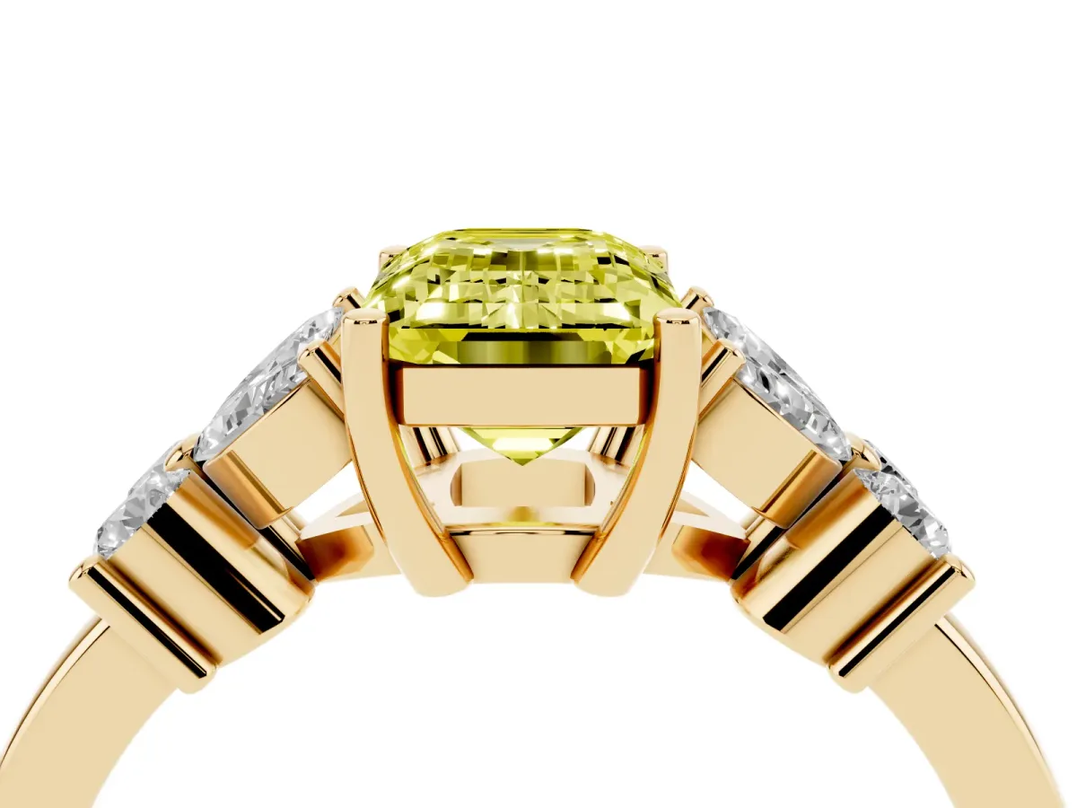 Fancy Yellow Emerald Cut Diamond Floral Cluster Ring with Solitaire Band and Prong Setting Yellow gold