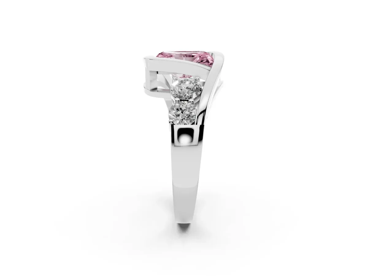 Fancy Pink Bezel Set Radiant Cut Diamond Bypass Ring with Round Accents Silver