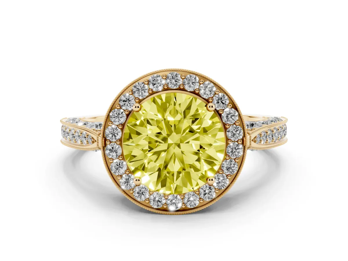 Fancy Yellow Round Cut Halo Diamond Engagement Ring with Split Shank Band and Four-Prong Setting Yellow gold
