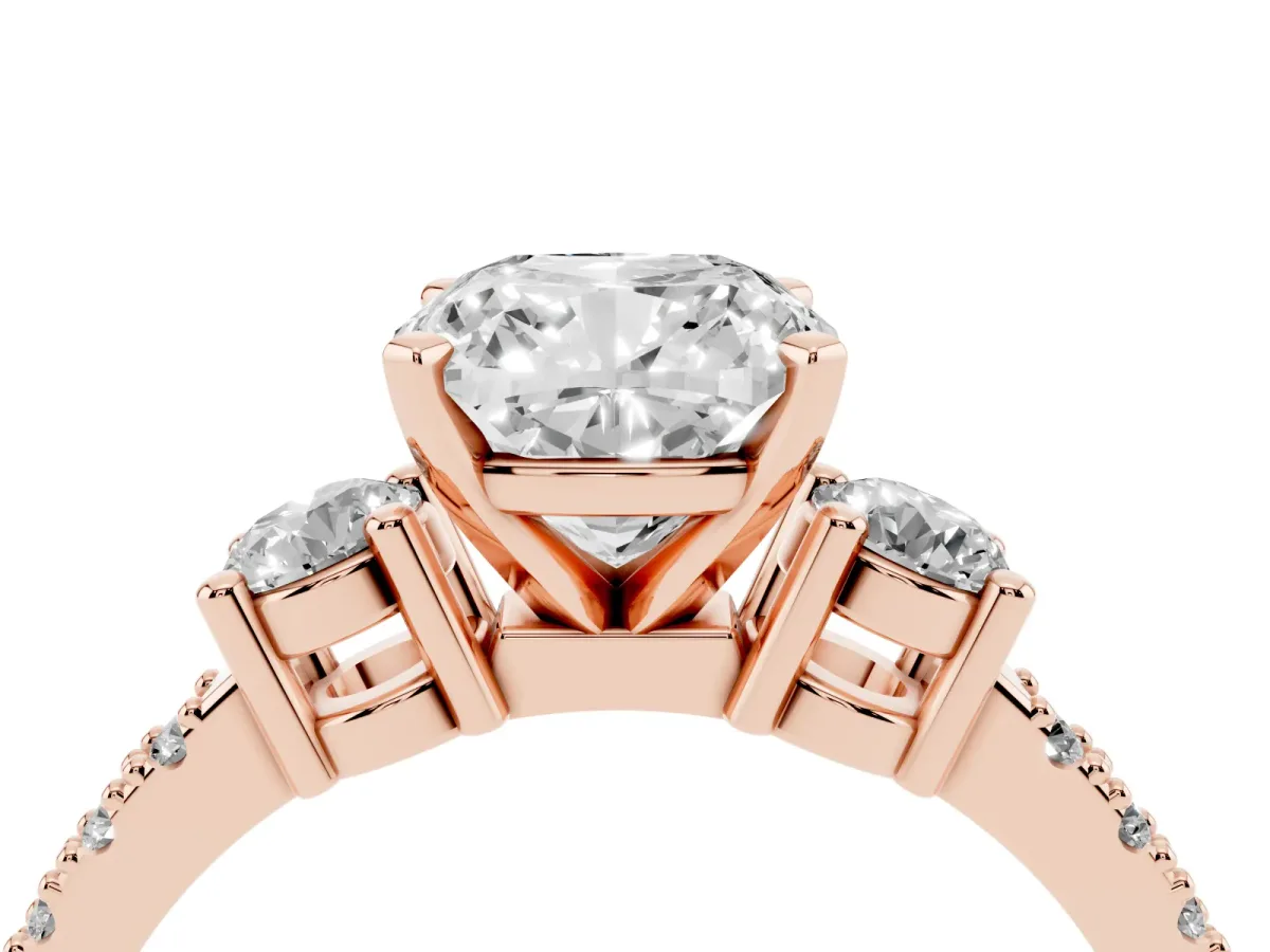 Cushion Cut Three-Stone Diamond Pavé Band with Prong Setting Rose gold
