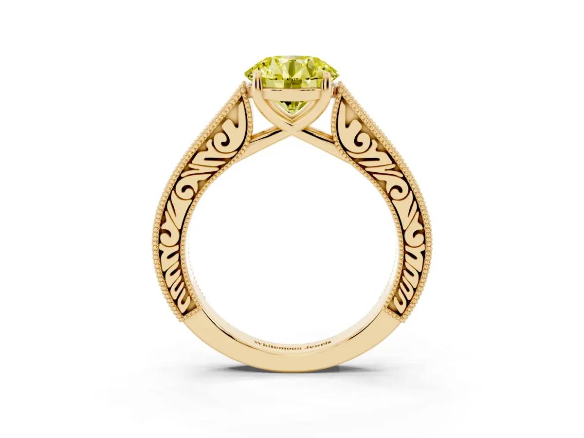 Fancy Yellow Round Cut Cut Pave Band Milgrain Solitaire Ring Yellow gold