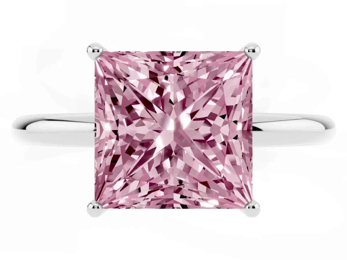 Fancy Pink Princess Cut Solitaire Diamond Ring with a Classic Band and Four-Prong Setting Platinum