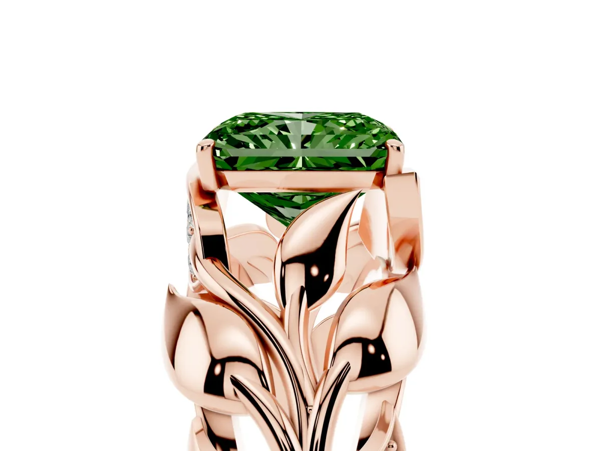 Fancy Green Radiant Cut Diamond Leaf-Inspired Engagement Ring with Round Accents and Prong Setting Rose gold