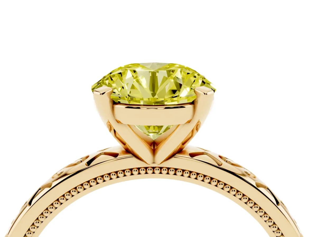 Fancy Yellow Round Cut Solitaire Engagement Ring with Scrollwork Band and Four-Prong Setting Yellow gold
