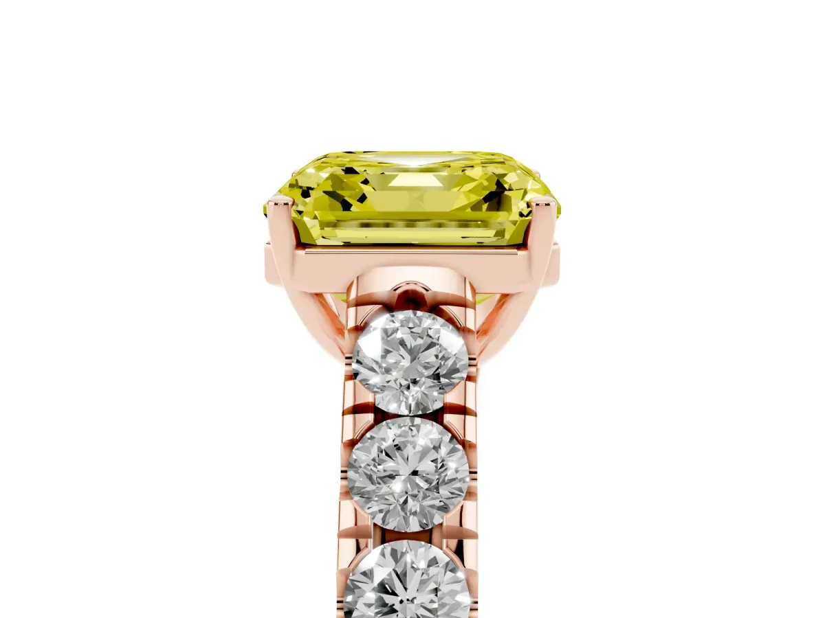 Fancy Yellow Asscher Cut Cut Diamond Solitaire Ring with Micro Pave Band and Prong Setting Rose gold