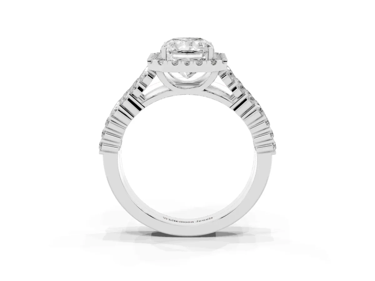 Radiant Cut Diamond Halo Engagement Ring with Triple Row Round Pavé Band and Prong Setting Platinum