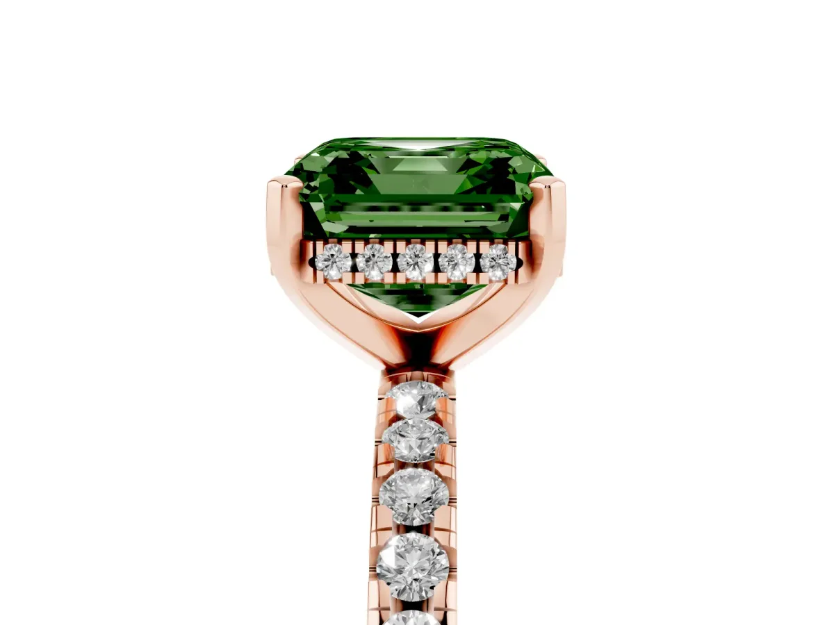 Fancy Green Asscher Cut Diamond Solitaire Ring with Round Pavé Band and Four-Prong Setting Rose gold