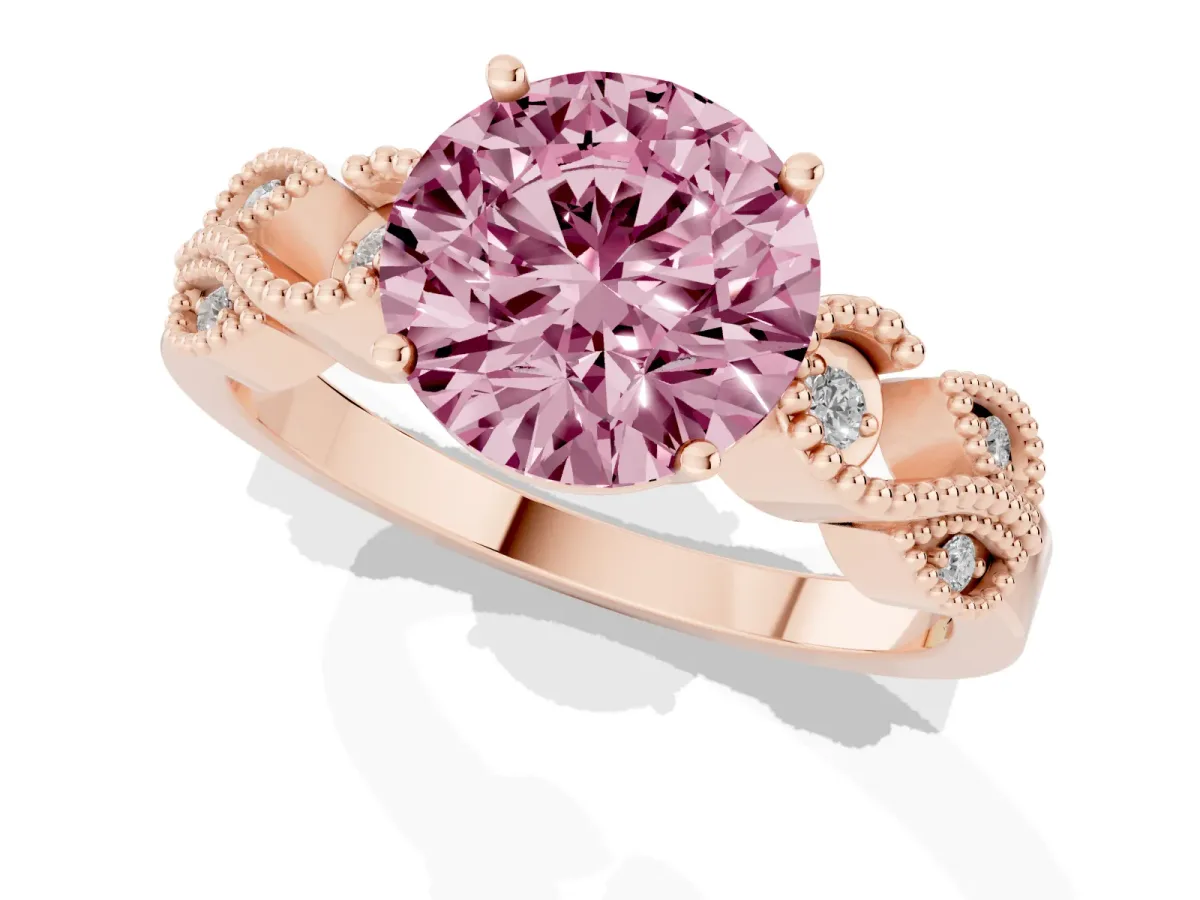 Fancy Pink Round Cut Solitaire Milgrain Leaf Band with Prong Setting Rose gold