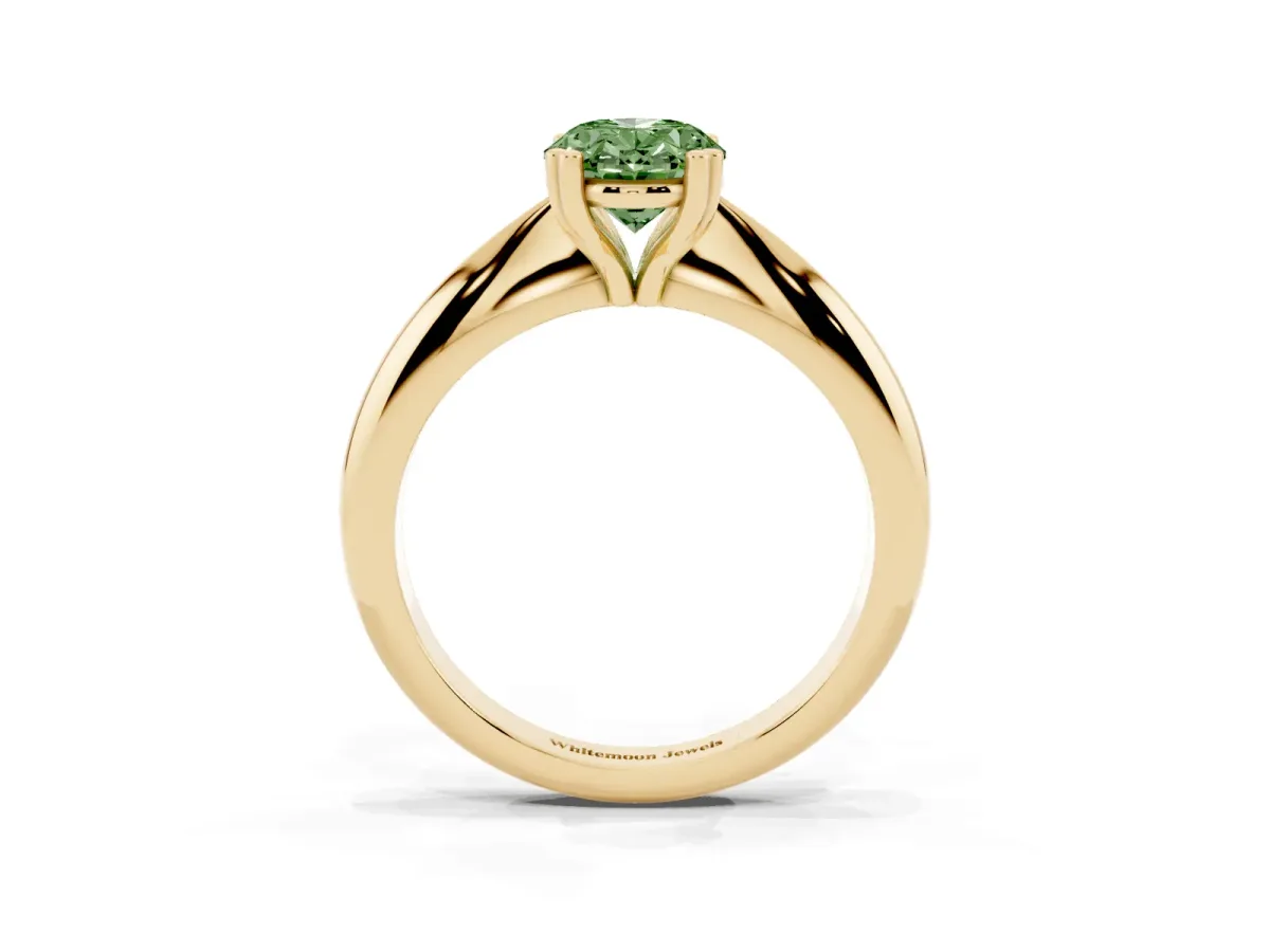 Fancy Green Oval Cut Cut Solitaire Engagement Ring with Tapered Band and Four-Prong Setting Yellow gold