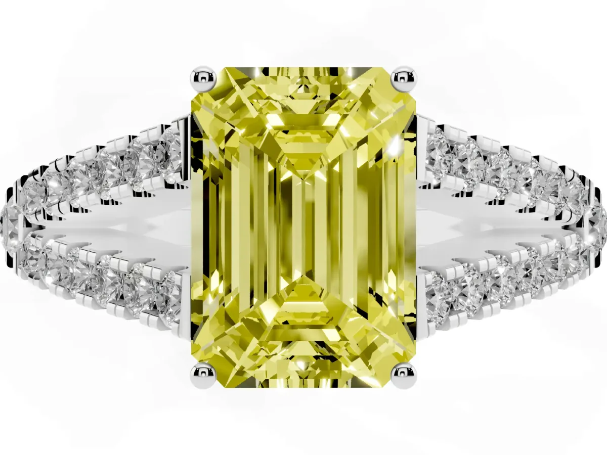 Fancy Yellow Emerald Cut Diamond Split Shank Engagement Ring with Round Pavé and Prong Setting Platinum