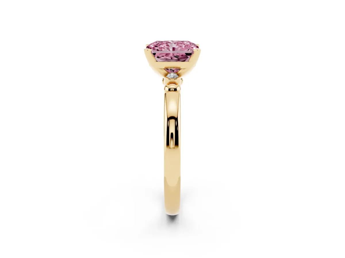 Fancy Pink Radiant Cut Solitaire Beaded Band with Four-Prong Setting Yellow gold