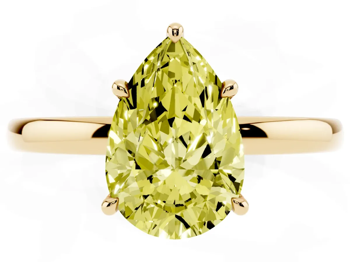 Fancy Yellow Pear Cut Solitaire Engagement Ring with Cathedral Band and Four-Prong Setting Yellow gold