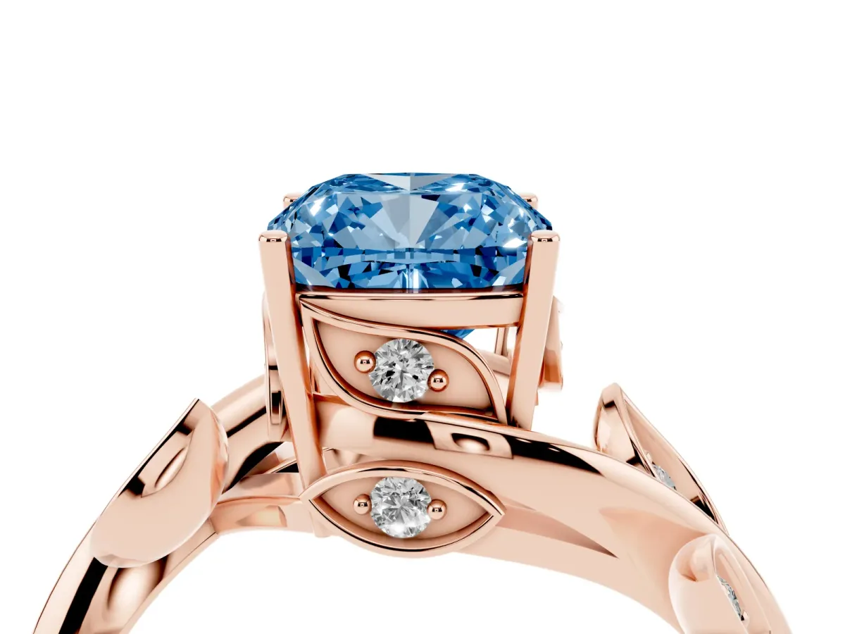 Fancy Blue Cushion Cut Solitaire Twist Engagement Ring with Leaf Accents and Prong Setting Rose gold
