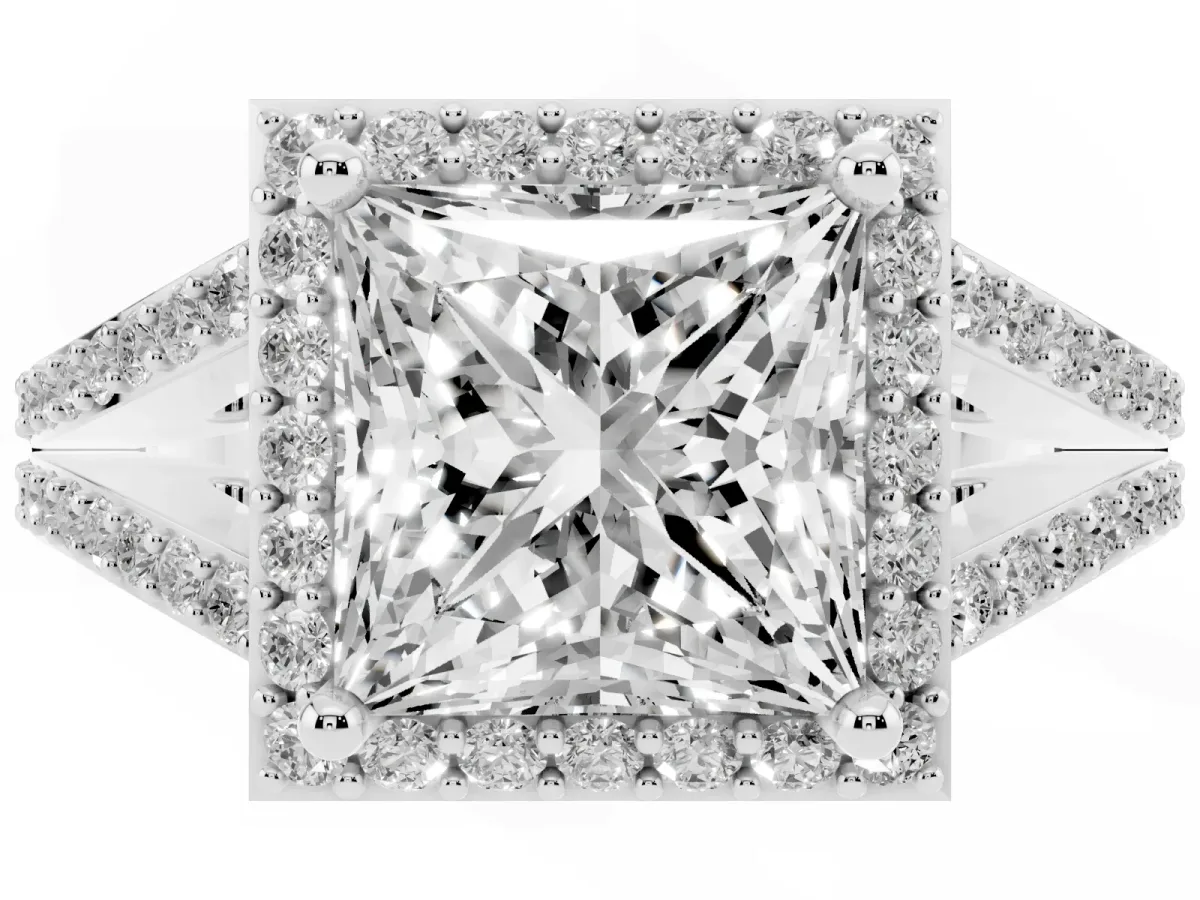 Princess Cut Halo Split Shank Diamond Ring with Prong Setting Silver