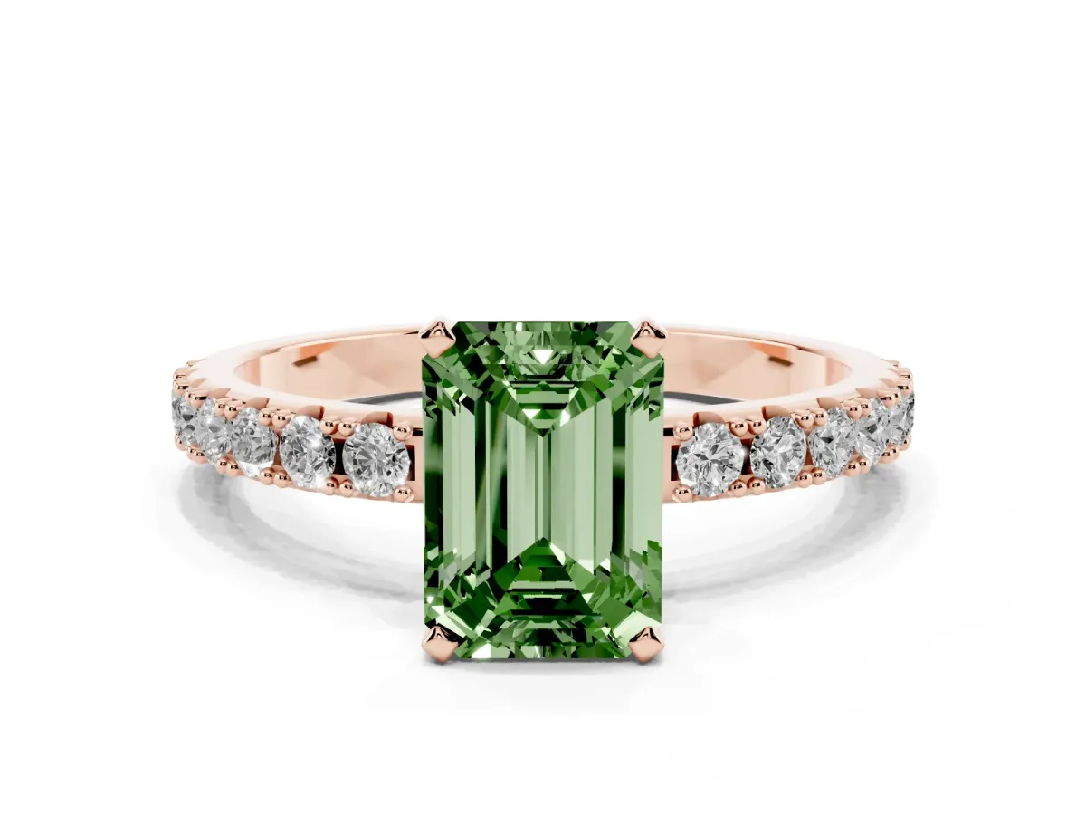 Fancy Green Emerald Cut Diamond Solitaire Pavé Band with Four-Prong Setting Rose gold