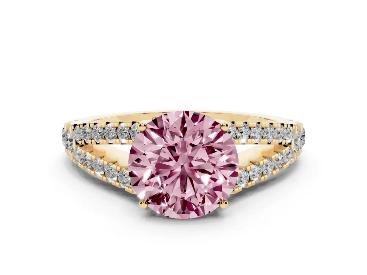 Fancy Pink Round Cut Diamond Split Shank Pavé Engagement Ring with Four-Prong Setting Yellow gold