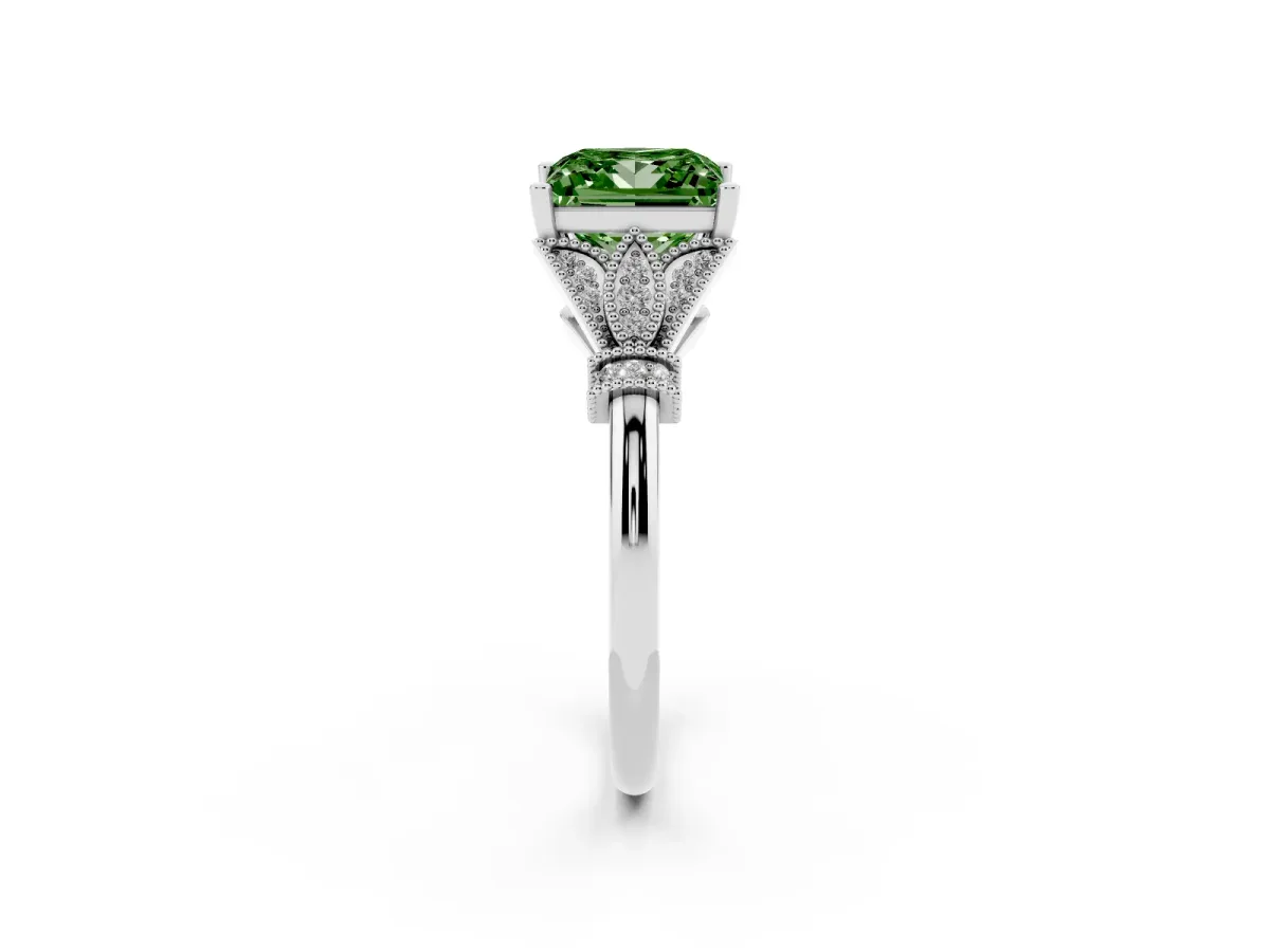 Fancy Green Princess Cut Diamond Solitaire Ring with Floral Filigree and Pave Accents White gold
