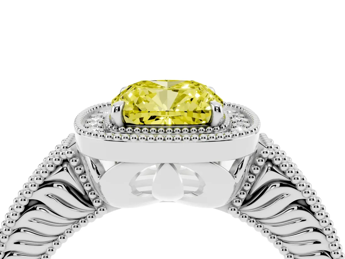 Fancy Yellow Cushion Cut Cut Halo Diamond Ring with Pavé Band and Four-Prong Setting White gold