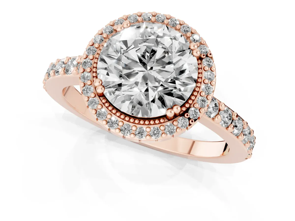 Round Cut Cut Diamond Halo Engagement Ring with Milgrain Detail and Pavé Band Rose gold
