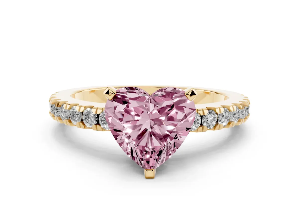 Fancy Pink Heart Cut Solitaire Diamond with Pavé Band and Four-Prong Setting Yellow gold