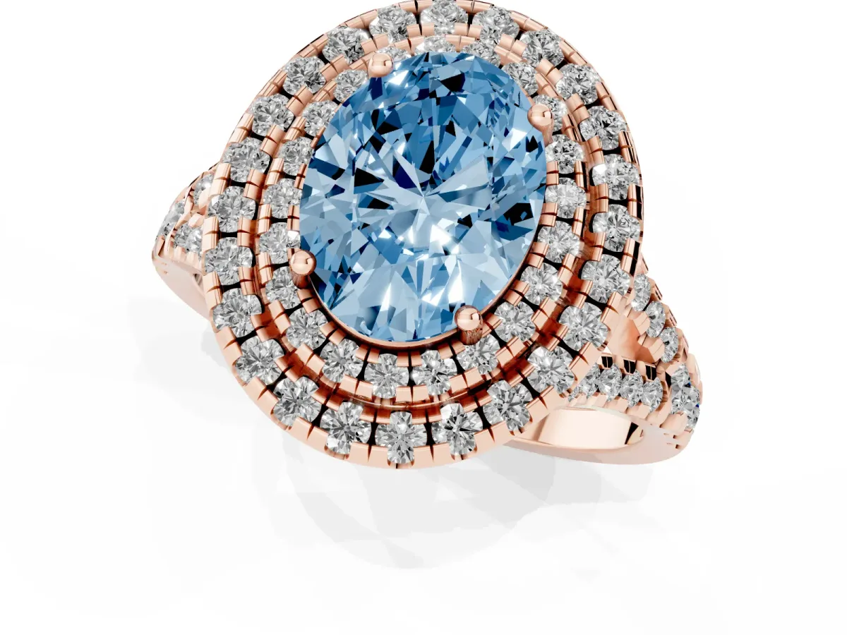 Fancy Blue Double Halo Oval Cut Diamond Pavé Split Shank Ring with Prong Setting Rose gold