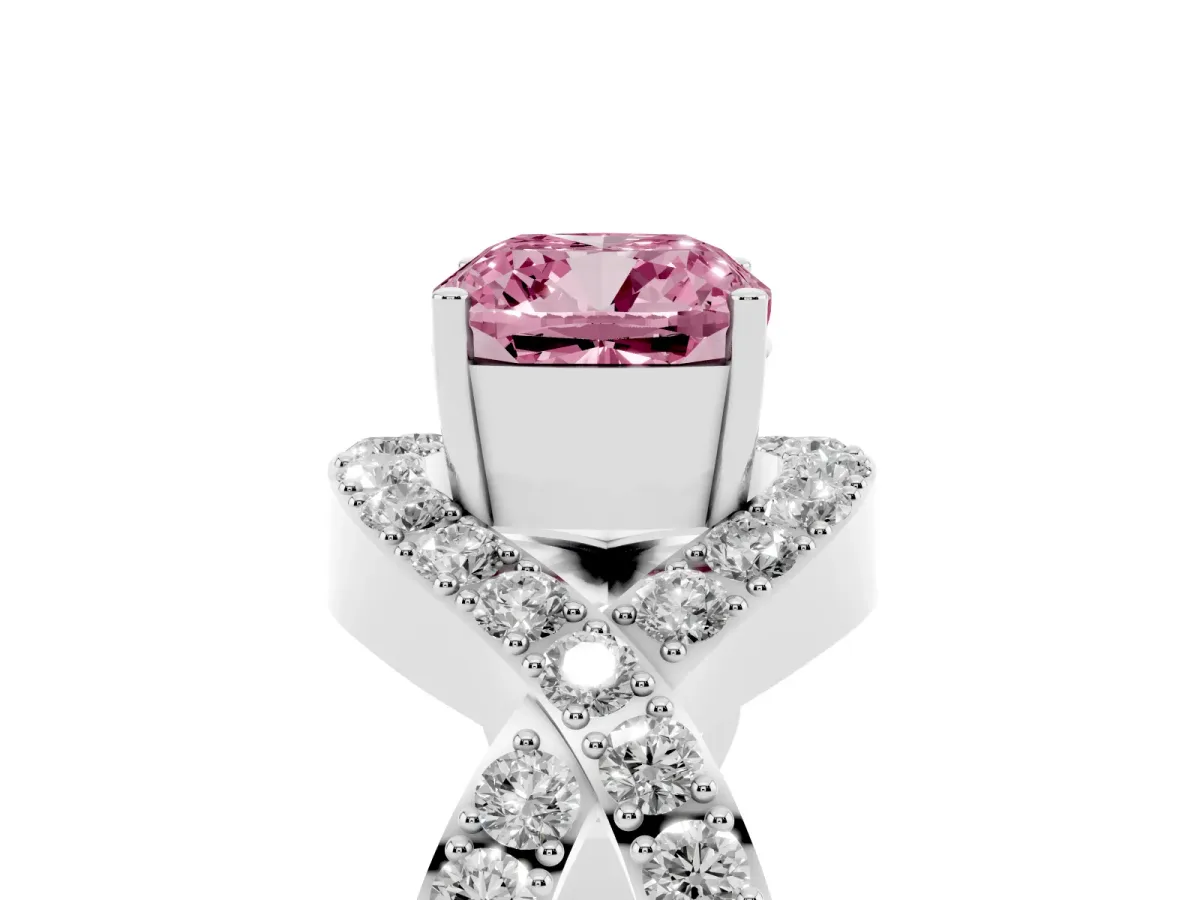 Fancy Pink Cushion Cut Solitaire Twist Band Pavé Diamond Engagement Ring Silver