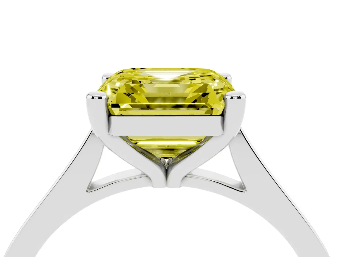 Fancy Yellow Asscher Cut Solitaire Diamond Ring with Four-Prong Setting and Tapered Band Silver