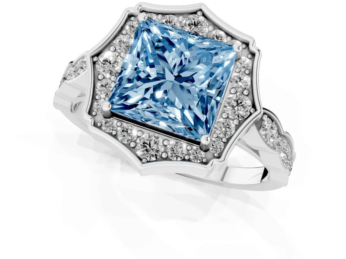 Fancy Blue Princess Cut Halo Diamond Engagement Ring with Milgrain Band and Four-Prong Setting Platinum