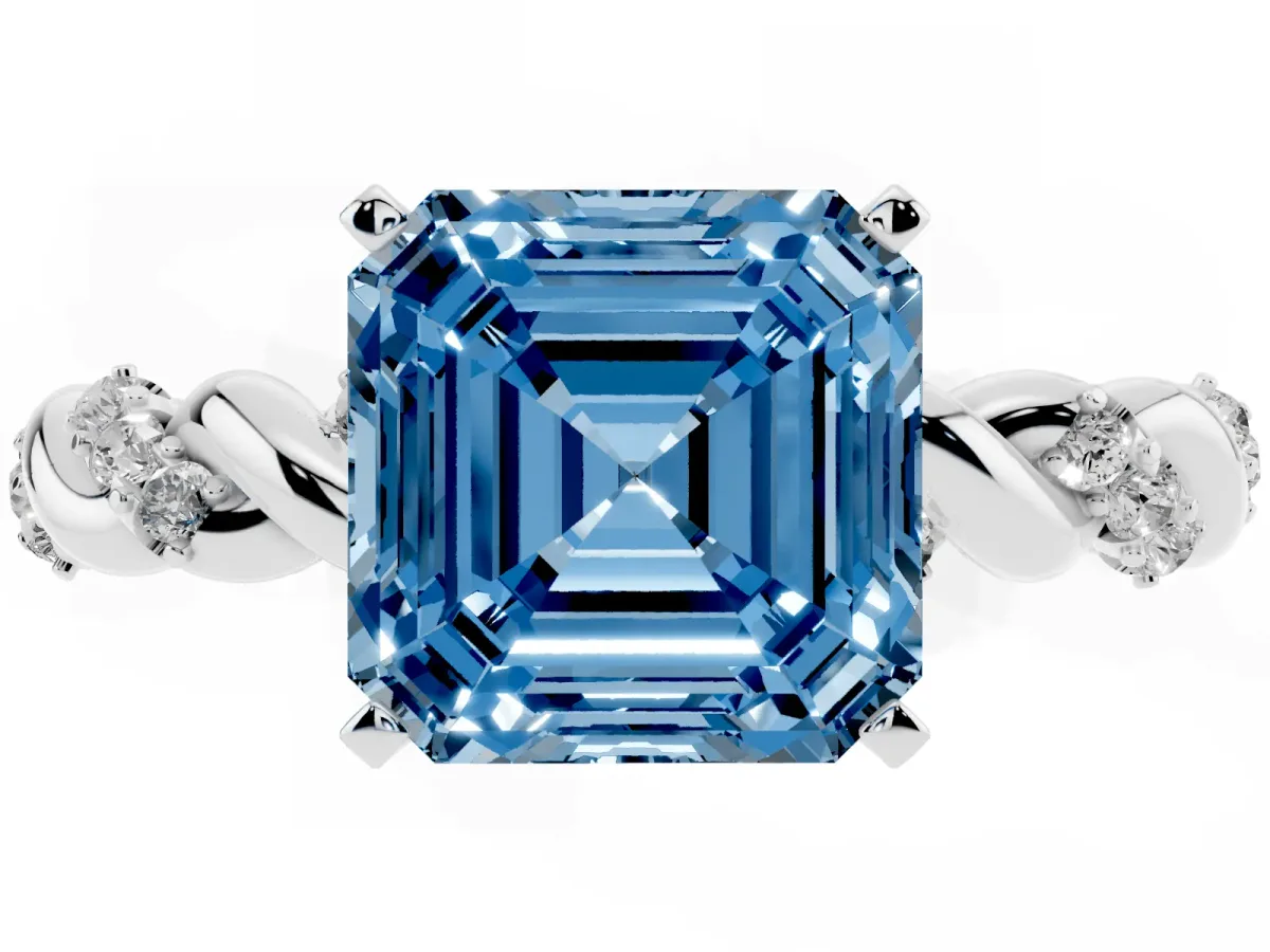 Fancy Blue Asscher Cut Diamond Solitaire Ring with Twisted Band and Pavé Accents White gold