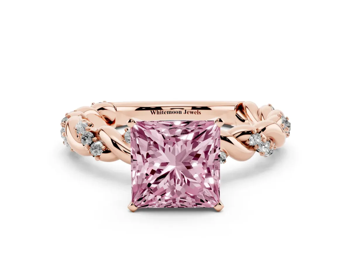 Fancy Pink Princess Cut Diamond Solitaire Ring with Twisted Band and Pavé Accents Rose gold